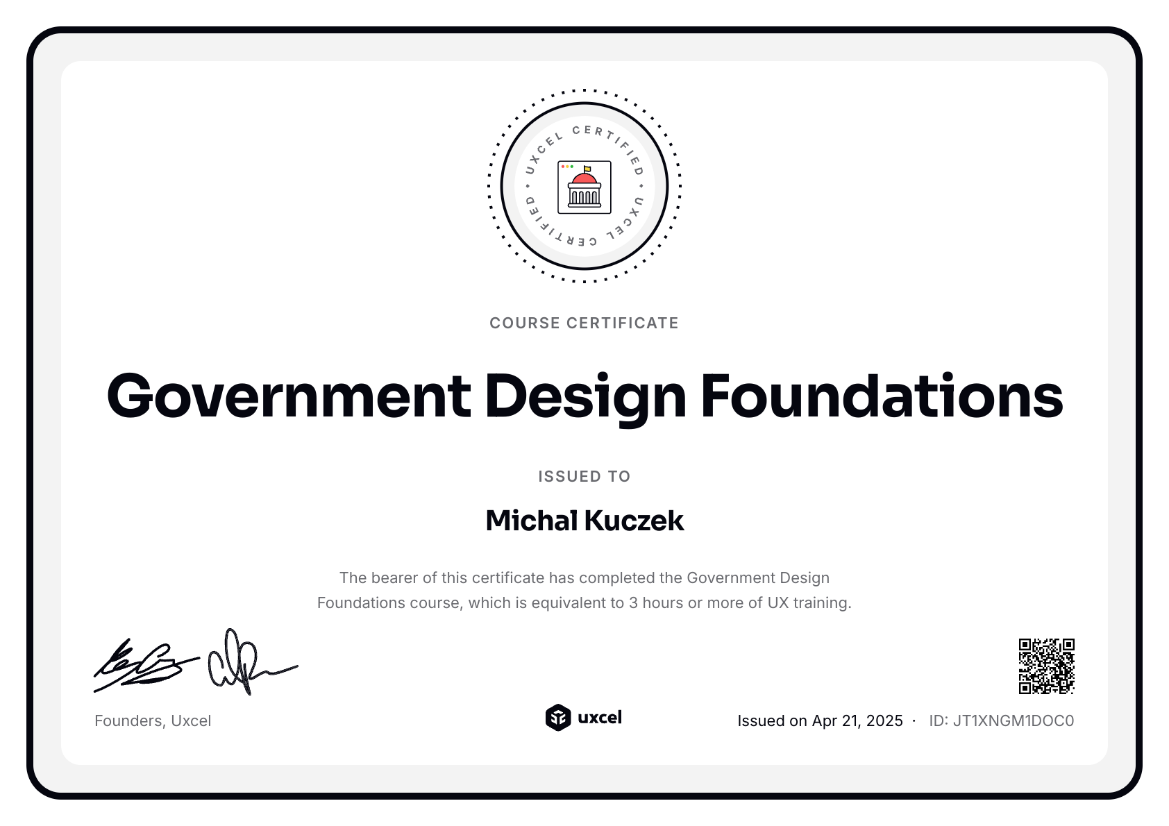 Michal Kuczek's certificate